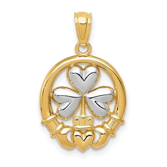 14k Yellow Gold Rhodium-plated Shamrock & Claddagh Pendant